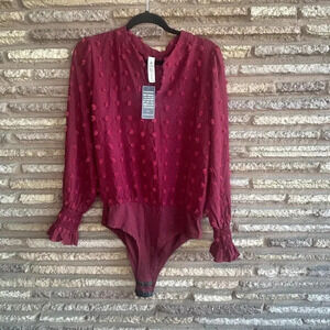 Blooming Jelly Cranberry Red Tufted Long Sleeve Bodysuit NWT Size Large